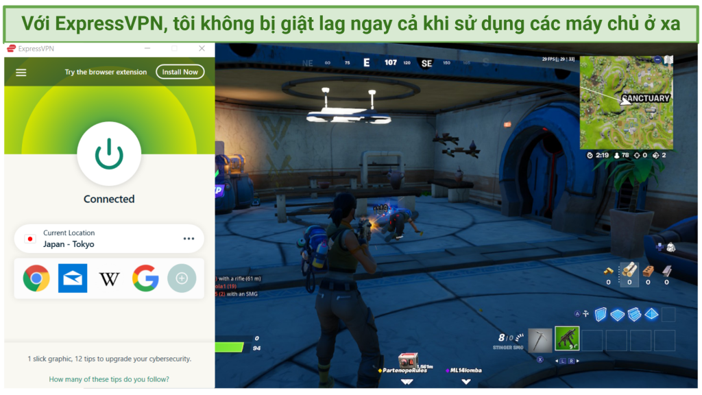 Screenshot of ExpressVPN working with Fortnite game