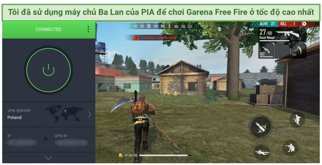 Screenshot of Private Internet Access working with Garena Free Fire