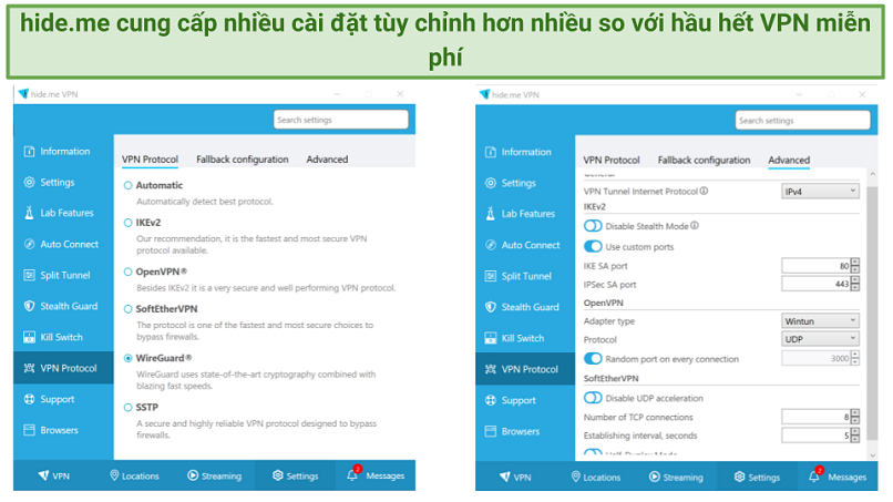 screenshot showing protocols available with hide.me free and all the customization options for each protocol