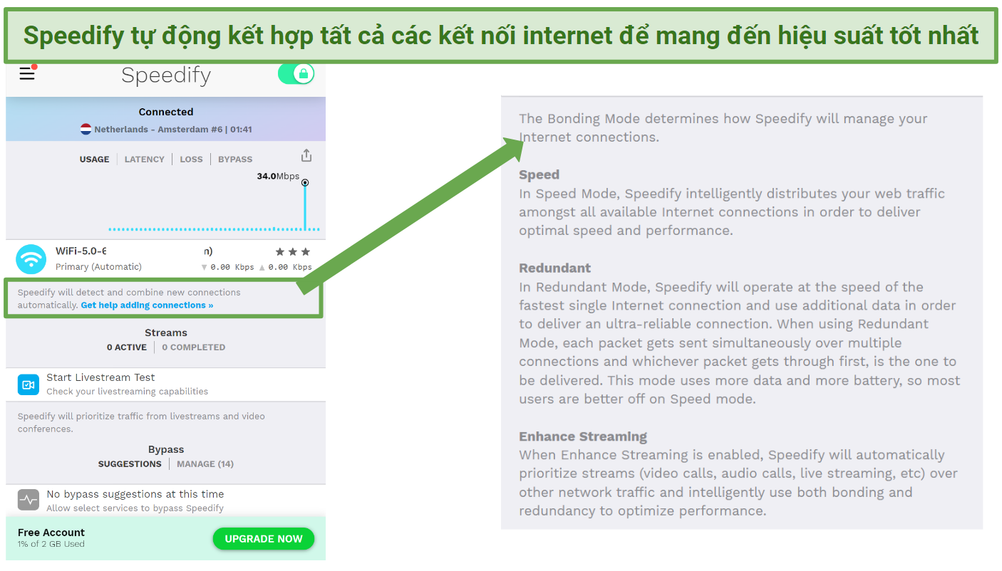 Screenshot showing bonding mode on Speedify's free VPN app