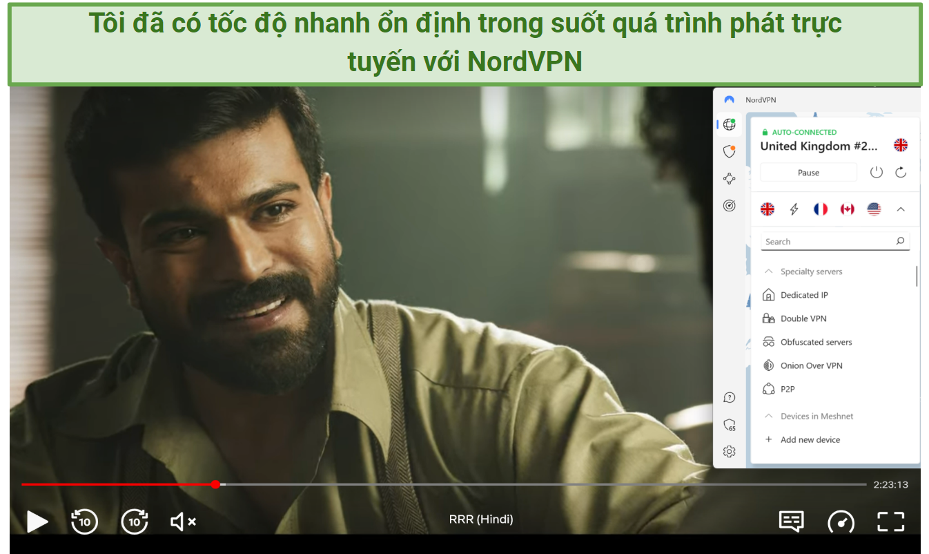 A screenshot of RRR playing on Netflix while connected to one of NordVPN's UK servers