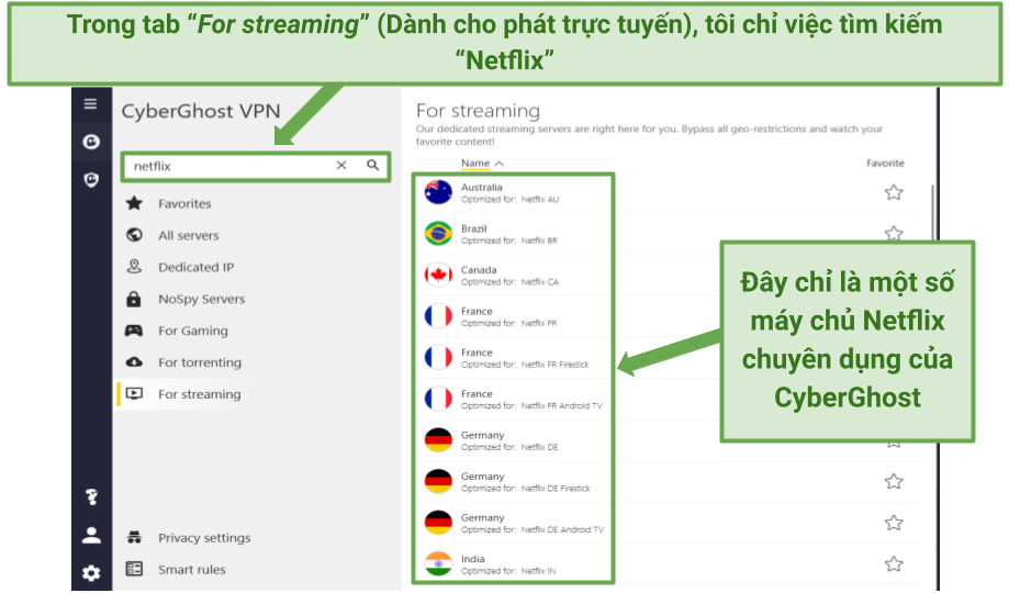 Screenshot displaying a list of CyberGhost's Netflix-optimized servers