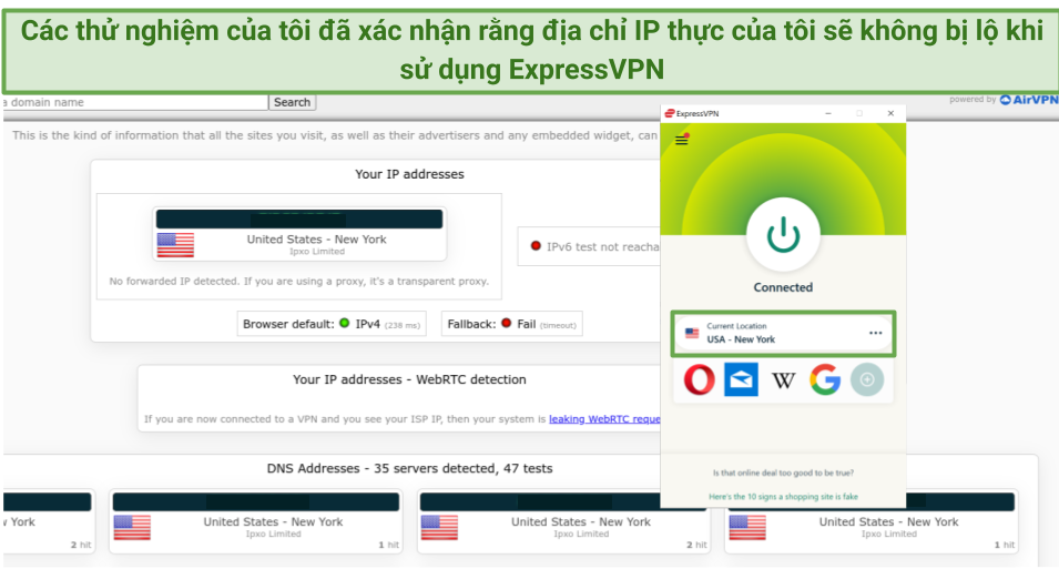Screenshot of ExpressVPN passing leak tests connected to New York server
