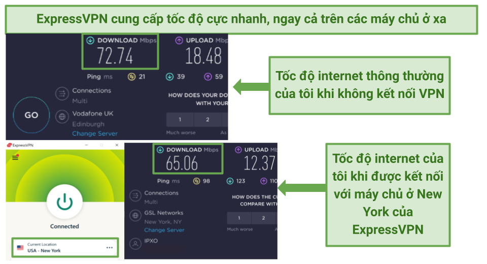 Screenshots of ExpressVPN's speed tests