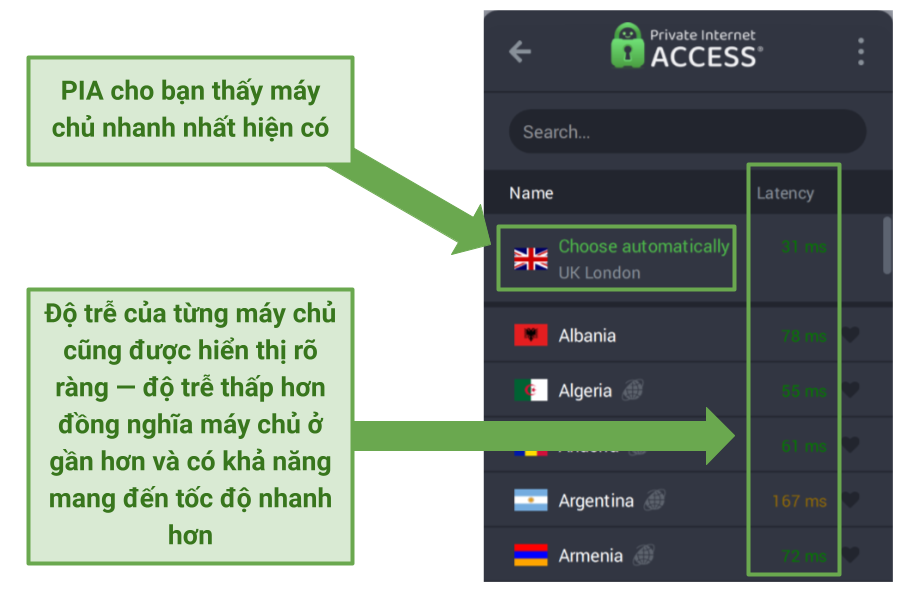 Screenshot of PIA's app showing server latency