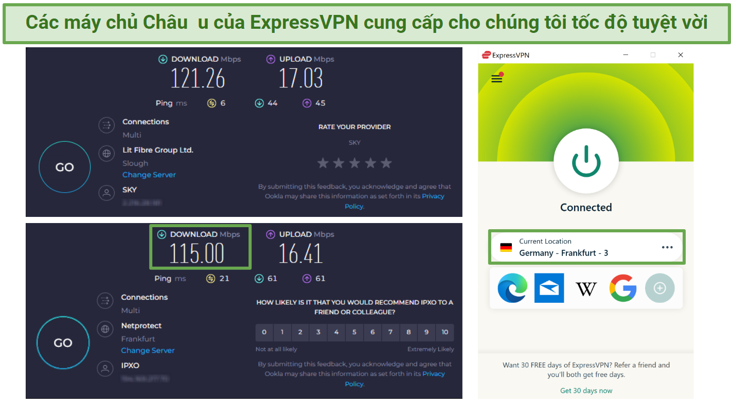 Screenshot of Ookla speed tests record with no VPN connected and while connected to ExpressVPN's Frankfurt 3 server