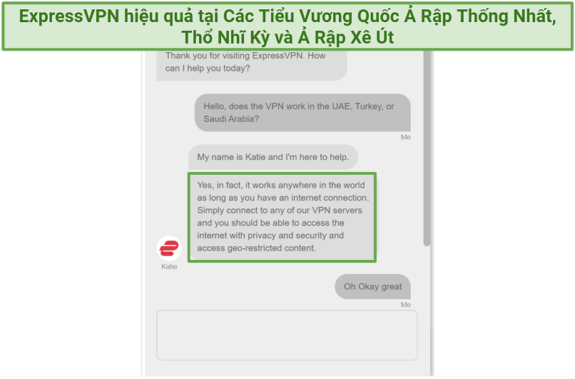 Screenshot of chat with ExpressVPN support staff confirming it works worldwide