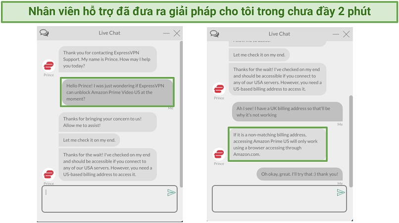 Screenshot of ExpressVPN's live chat support agent helping me access US Amazon Prime Video