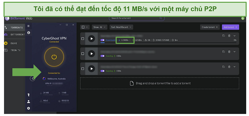 Screenshot of Bit Torrent downloading files while connected to CyberGhost