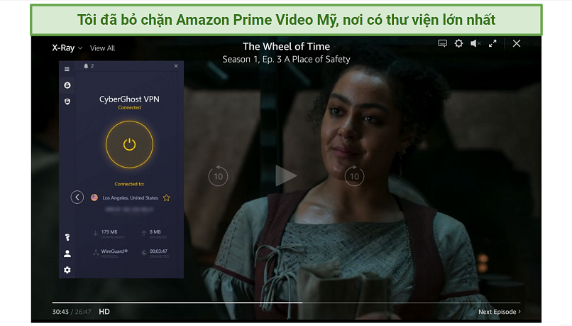 Screenshot of Amazon Prime Video player streaming Wheel of Time while connected to CyberGhost