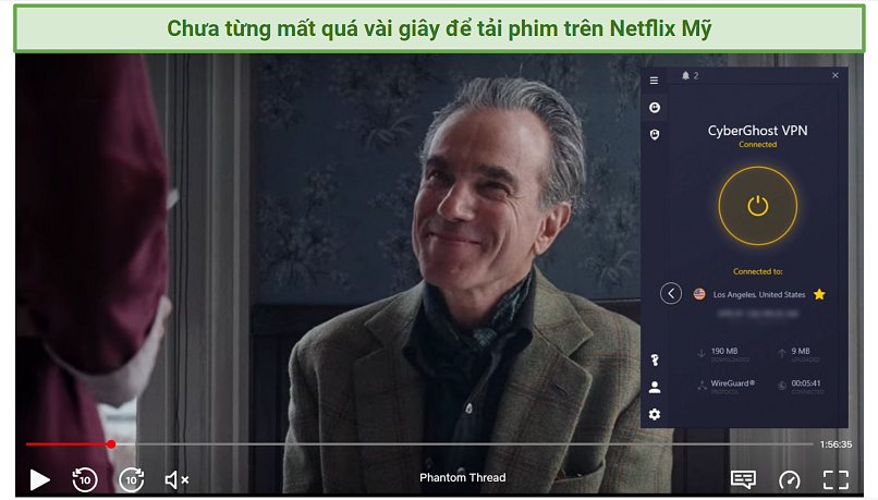 Screenshot of Netflix player streaming Phantom Thread while connected to CyberGhost VPN