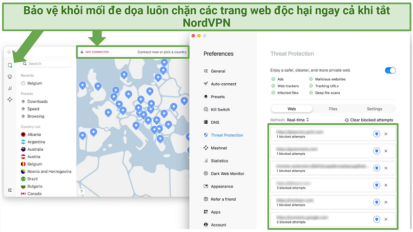 Screenshot of NordVPN's interface and how to switch on Threat Protection.