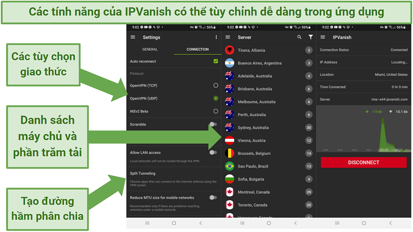 Screenshot of IPVanish's Android app, indicating where to adjust security settings