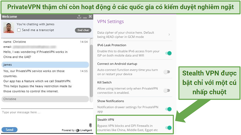 Indication within PrivateVPN's Android app of where to locate Stealth VPN in its settings