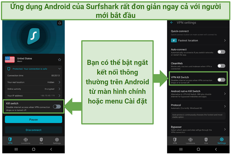 A screenshot of Surfshark's Android app showing the kill switch option on the main screen and in the Settings menu