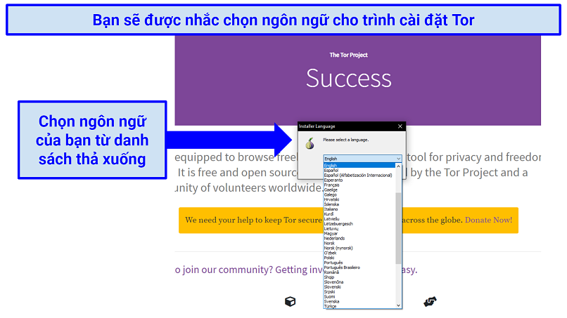 The Tor website prompting a selection of language for the installer tool, with a drop-down list to select from