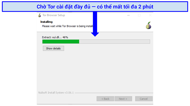 Screenshot of the Tor browser installing on Windows with a progress percentage bar