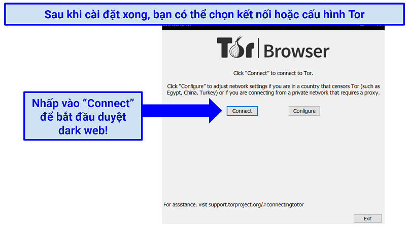 Screenshot of the Tor browser already installed, prompting the user to either connect or configure as the next step