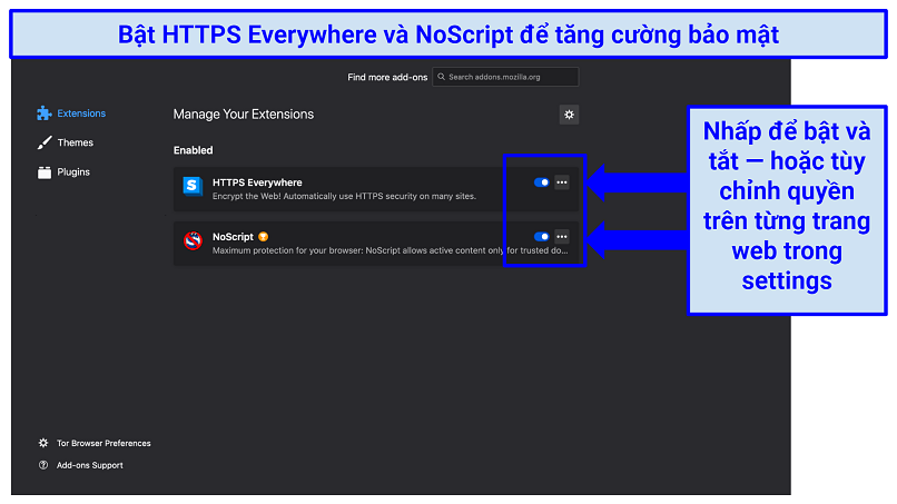 Tor's extension preferences, indicating how to enable, disable, and manage HTTPS Everywhere and NoScript