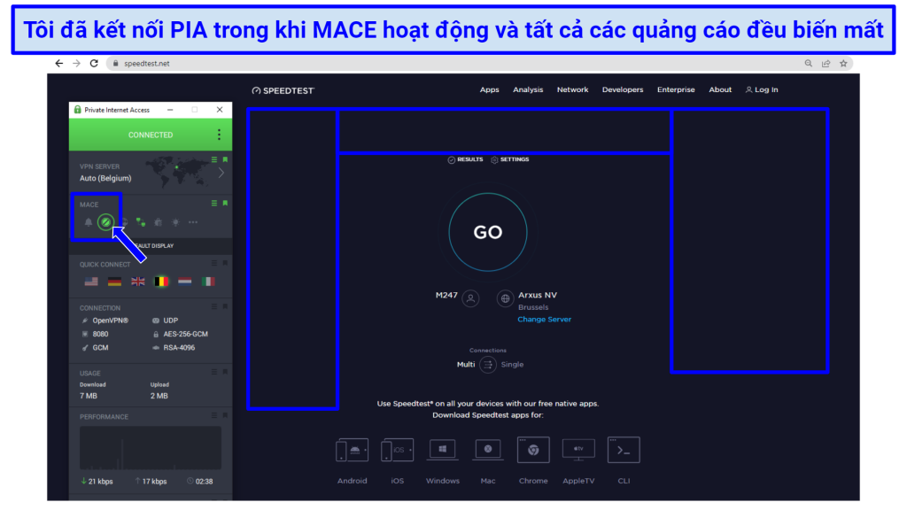 Screenshot showing webpage with ads before Private Internet Access VPN's MACE feature activated