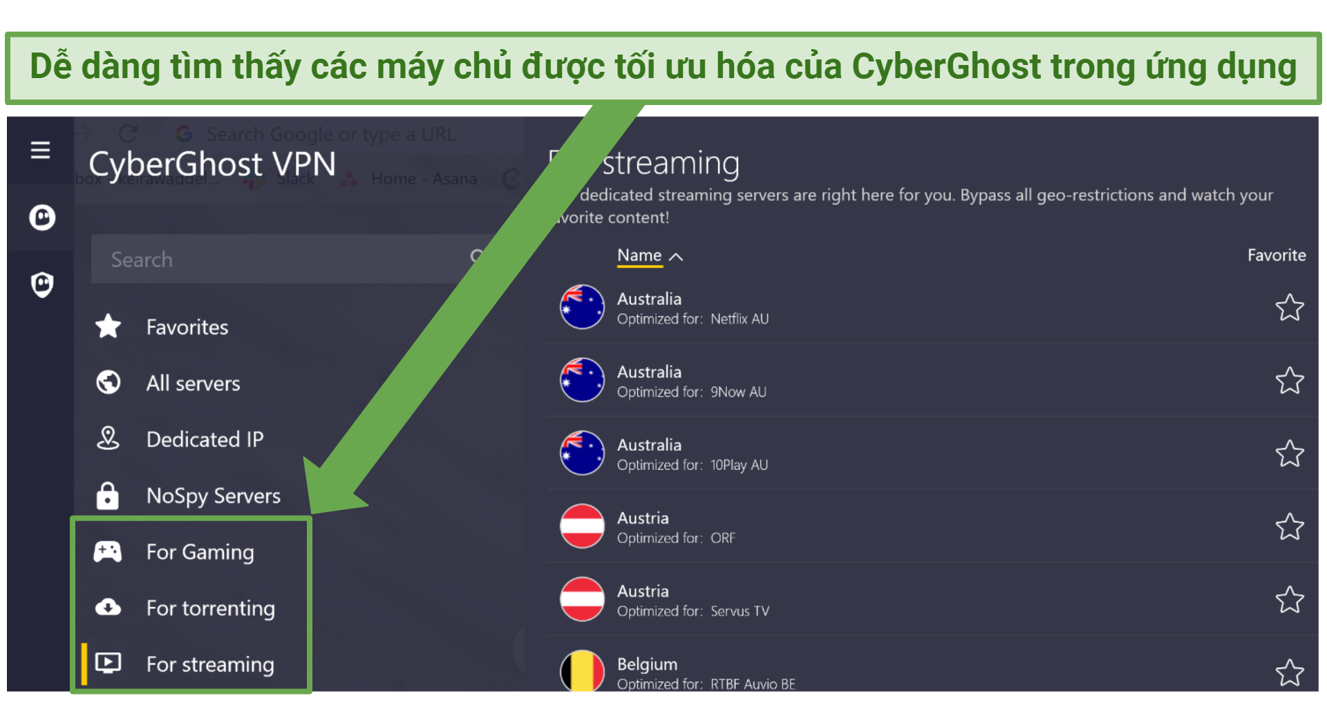 screenshot of CyberGhost's optimized servers in the app