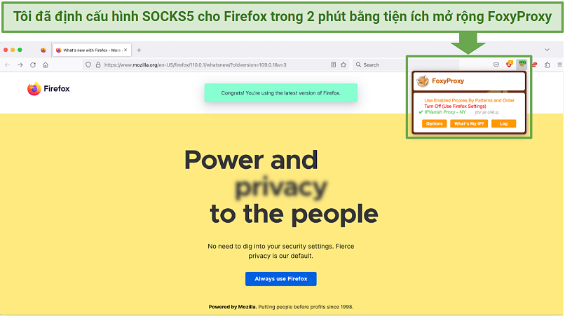 Screenshot showing a Firefox browser connected to a SOCKS5 proxy in New York