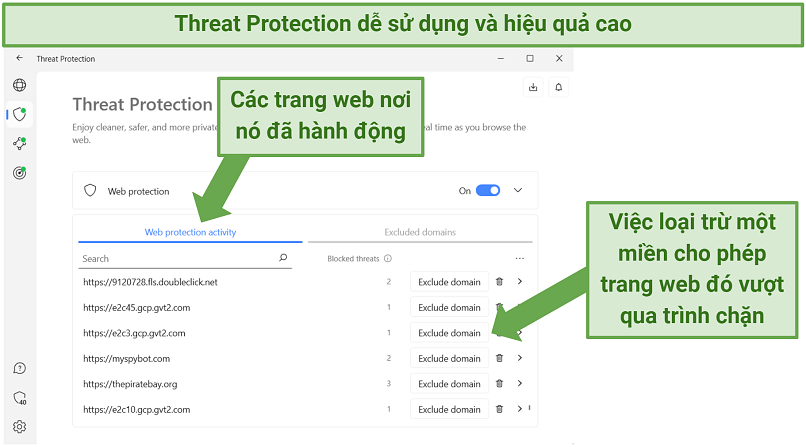 screenshot showing NordVPN's threat protection feature displaying which sites it blocked threats on