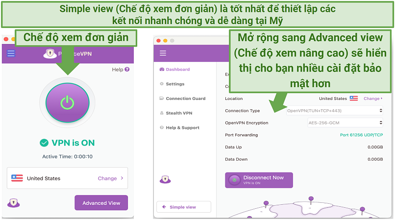 Screenshot showing PrivateVPN's Simple and Advanced views