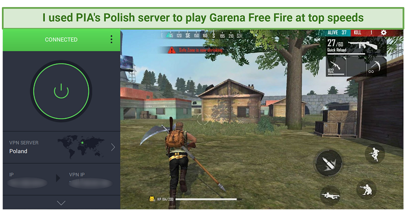 Screenshot of Private Internet Access working with Garena Free Fire