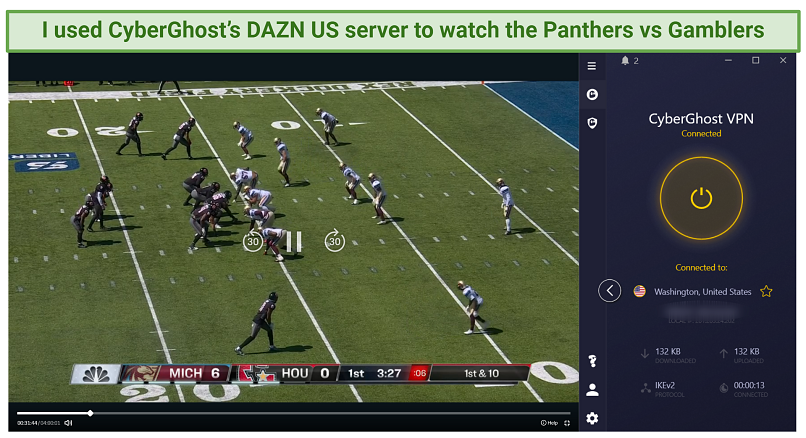 Watching the Panthers play against the Gamblers in the USFL game on DAZN US using CyberGhost's specialty server