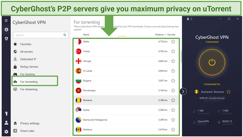 Screenshot of the CyberGhost interface showing its torrenting servers