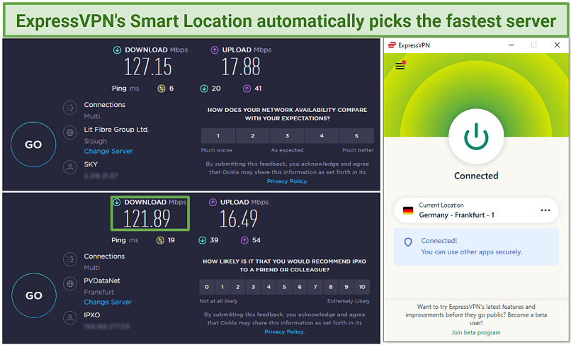 Screenshot of speed test results with and without ExpressVPN connected to the Frankfurt server