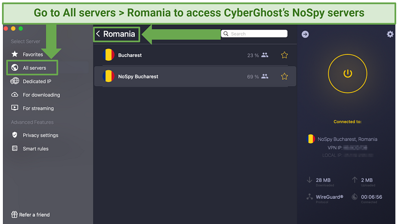 Screenshot showing how to access CyberGhost's private NoSpy servers