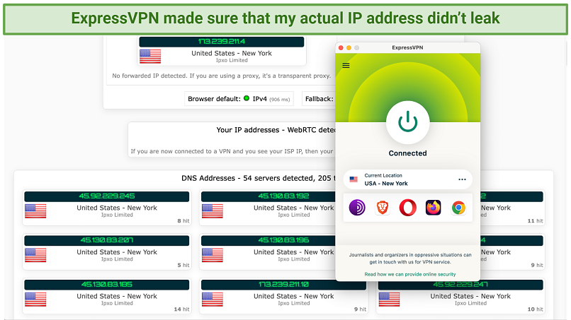 Screenshot of the ExpressVPN app connected to a server in New York over a leak test revealing no leaks