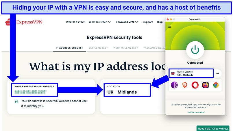 Screenshot of the ExpressVPN app connected to a UK server, showing how it has hidden a real IP address