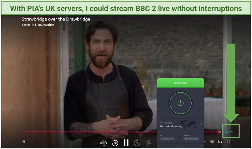 Watching BBC Two live on BBC iPlayer while connected to PIA's streaming-optimized server in London, UK