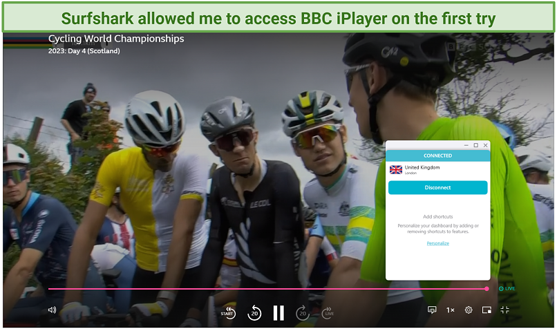 Streaming BBC Scotland on BBC iPlayer while connected to Surfshark