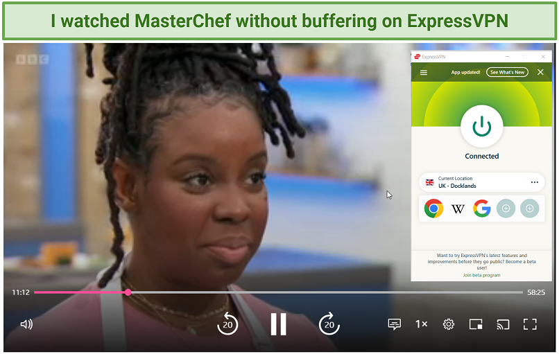 Screenshot of streaming MatherChef on BBC iPlayer with ExpressVPN connected to the UK Docklands server