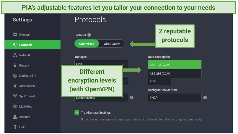 PIA's Windows app displaying different protocol and encryption settings