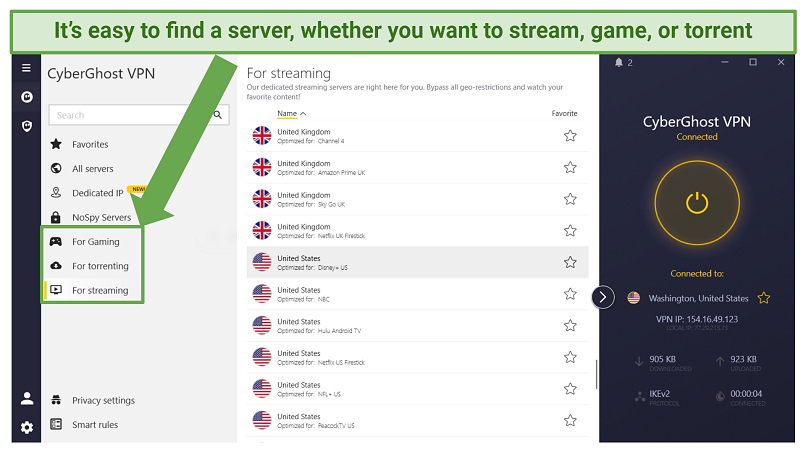 Screenshot of CyberGhost's optimized servers for streaming, gaming, and torrenting