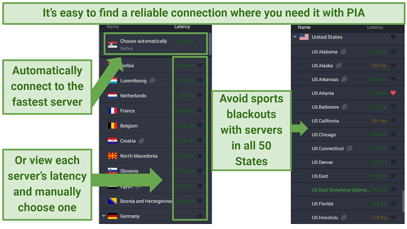 Screenshot of the PIA app, showing the server network plus its latency and fastest location features