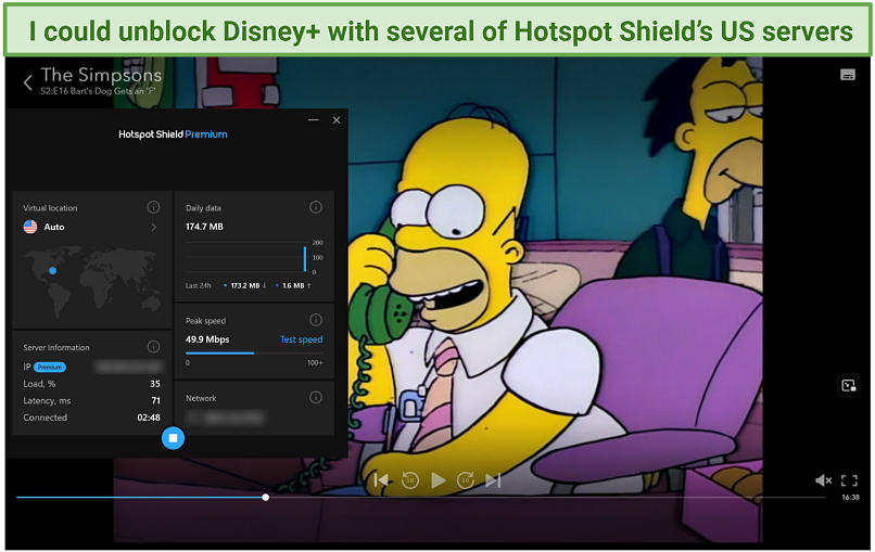 Screenshot of Disney+ player streaming The Simpsons while connected to a US Hotspot Shield server