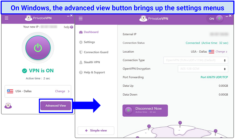 Screenshot of the PrivateVPN Windows app highlighting where the find the settings