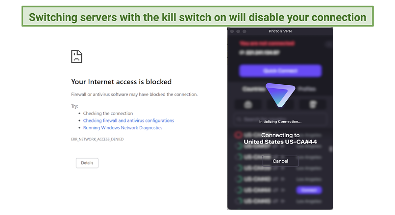 Screenshot of ipleak.net showing the kill switch blocking internet traffic while Proton VPN switched servers