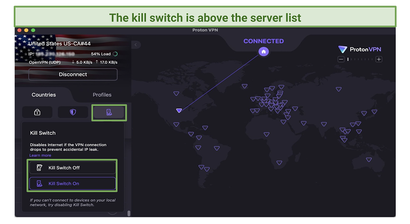 Screenshot of the Proton VPN UI showing where to find the kill switch