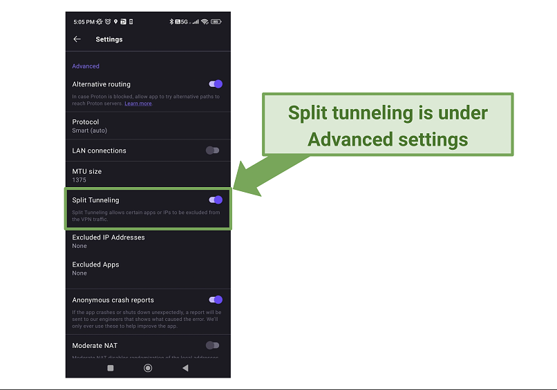 Screenshot of Proton VPN settings showing where to find split tunneling