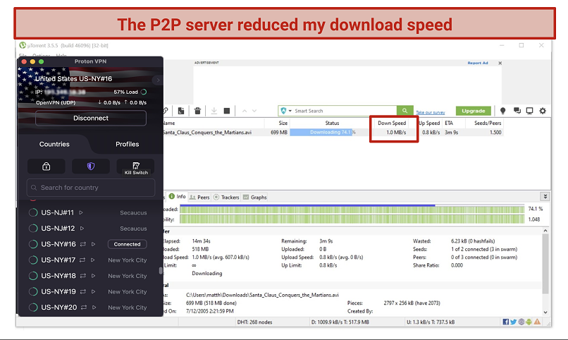 Screenshot of uTorrent app downloading Santa Claus Conquers the Martian while connected to Proton VPN