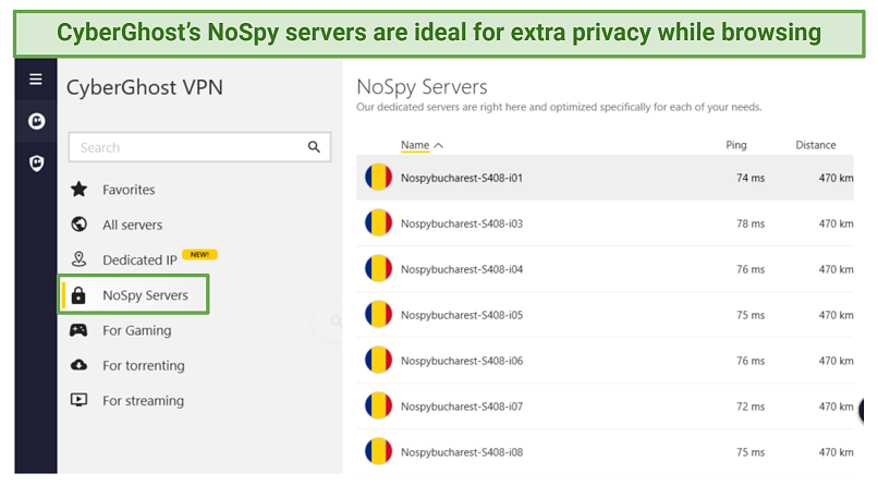 Screenshot of CyberGhost's NoSpy servers