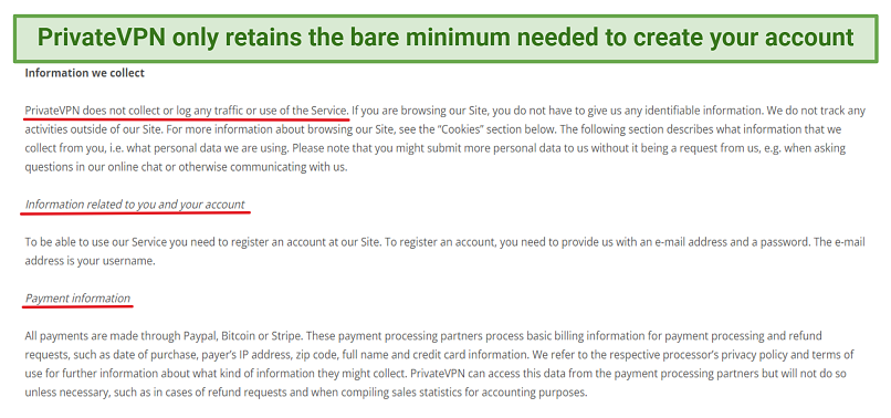 Screenshot of PrivateVPN's privacy policy