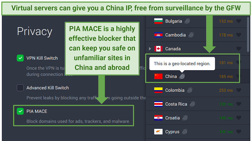 Screenshot showing PIA's virtual China server